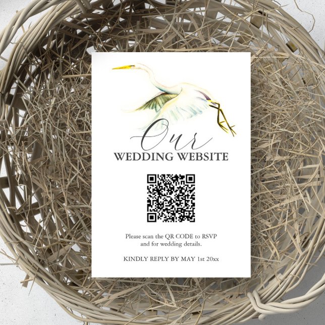 Cartes de boîtier Mariage Great White Heron (Wedding website card with QR code watercolor tropical bird art by Victoria Grigaliunas DoTellABelle)