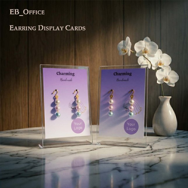 Cartes de boucles d'oreilles avec des couleurs vio (Vertical 2.5”x3.5” purple gradient, Earring Cards, with front logo and business details on the back.)