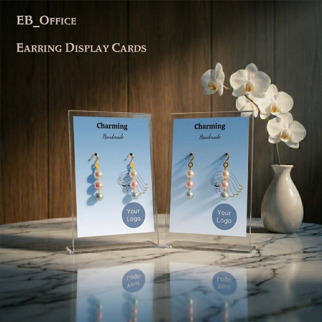 Cartes de boucles d'oreilles avec visage de fille  (Vertical 2.5”x3.5” blue gradient, Earring Cards, with front logo and business details on the back.)