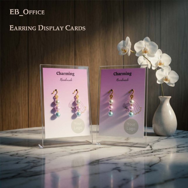Cartes de boucles d'oreilles avec visage de fille  (Vertical 2.5”x3.5” pink gradient, Earring Cards, with front logo and business details on the back.)