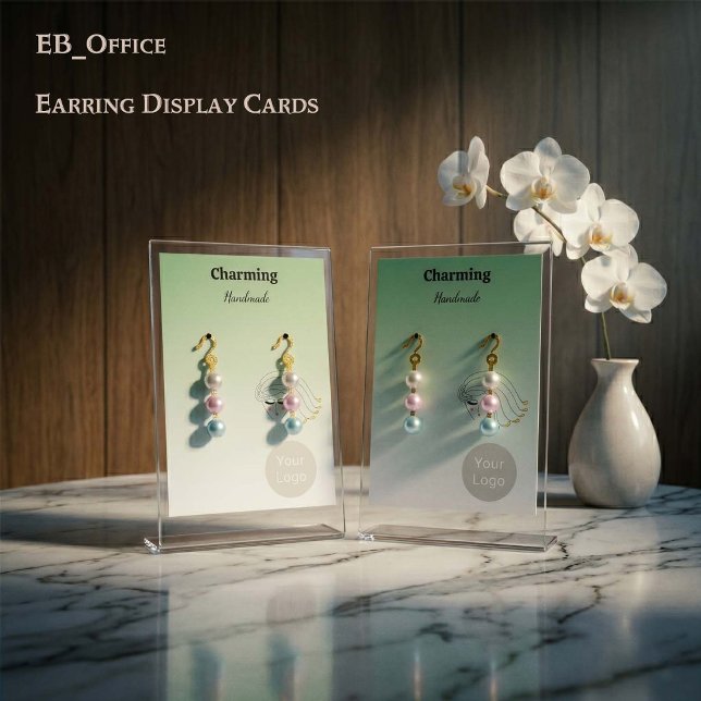 Cartes de boucles d'oreilles avec visage de jolie  (Vertical 2.5”x3.5” green gradient, Earring Cards, with front logo and business details on the back.)