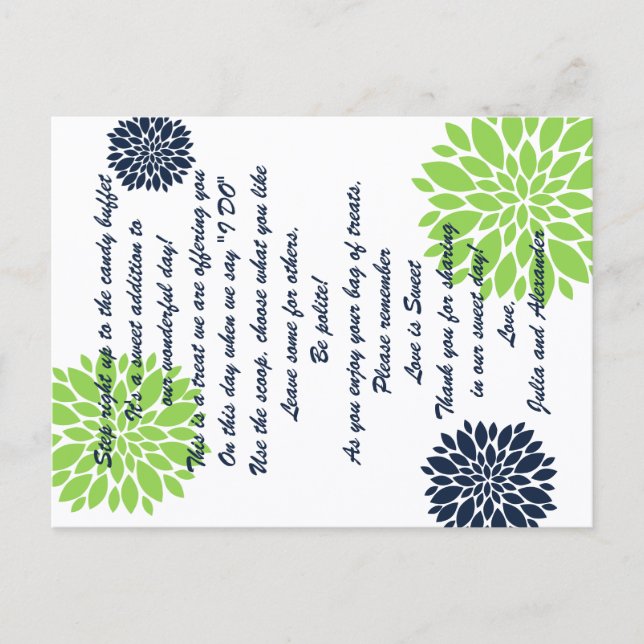 Cartes de Buffet de Bonbons Floral Navy et Vert Él (Devant)