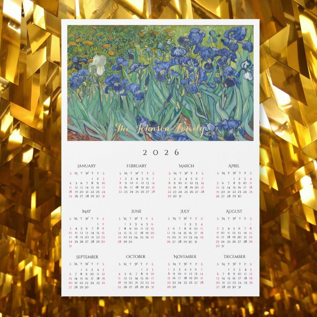 Cartes de calendrier 2026 Iris Fleurs Vincent Van  (Irises Flowers Vincent Van Gogh 2026 Calendar Card)