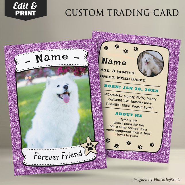 Cartes de Chien Personnalisées Modèle de carte de  (Glitter Pink Pet Trading Card Dog Trading Card Therapy Dog)