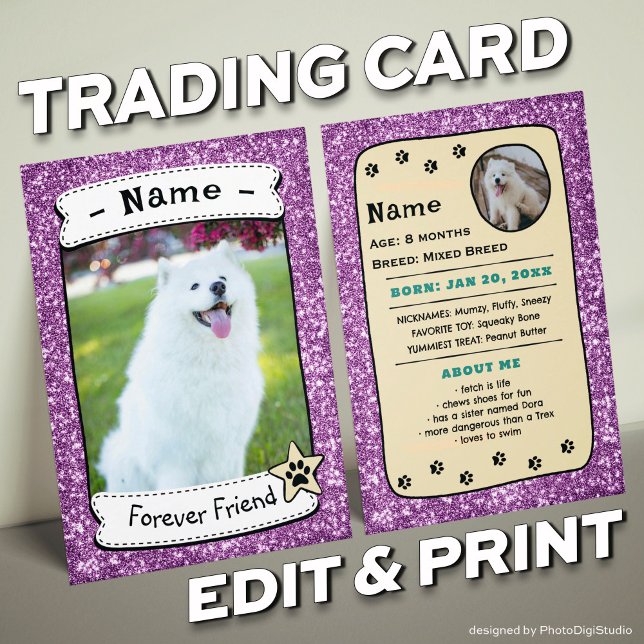 Cartes de Chien Personnalisées Modèle de carte de  (Glitter Pink Pet Trading Card Dog Trading Card Therapy Dog)
