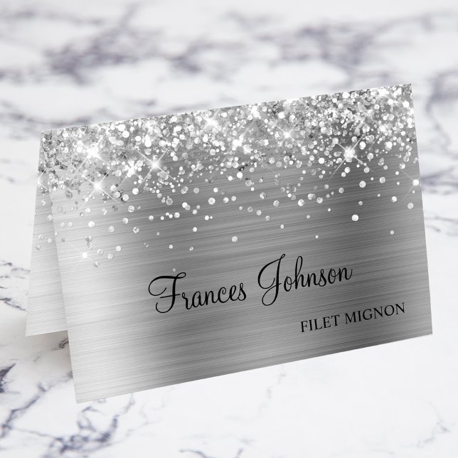 Cartes de choix de repas en argent pailleté (Glittery Silver Meal Choice Name Place Cards)