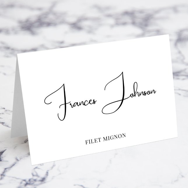 Cartes de choix de repas en écriture majuscule (Bettina Decorative Script Individual Place Cards with Meal Choice Option in ALL CAPS)