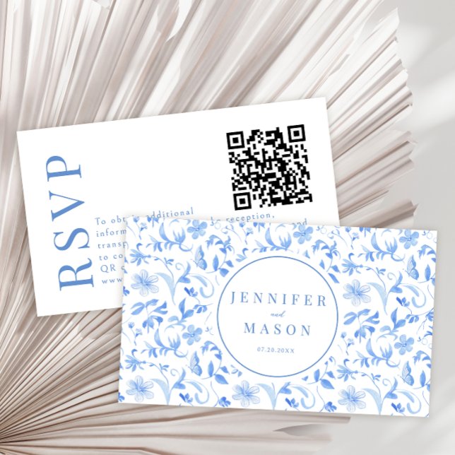 Cartes de code RSVP QR pour mariage floral bleu cl (Créateur téléchargé)