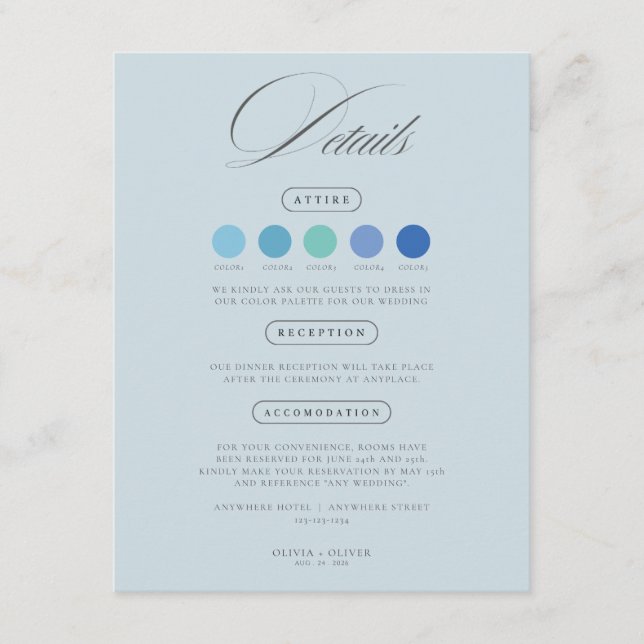Cartes de code vestimentaire de mariage bleu pouss (Devant)