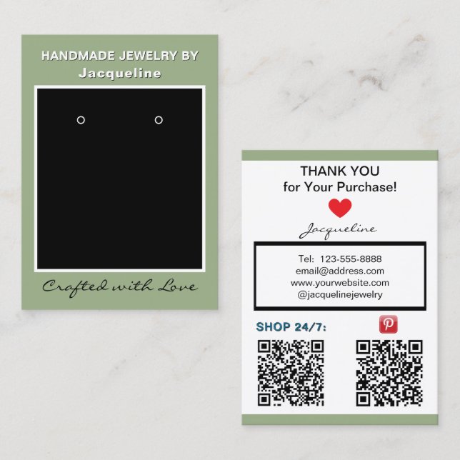 Cartes de codes QR de bijoux vert sauge (Devant / Derrière)