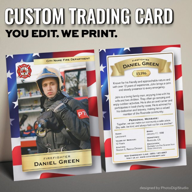 Cartes de commerce de pompiers personnalisées Tous (Custom Fireman Trading Cards with USA Flag and Gold Elements)