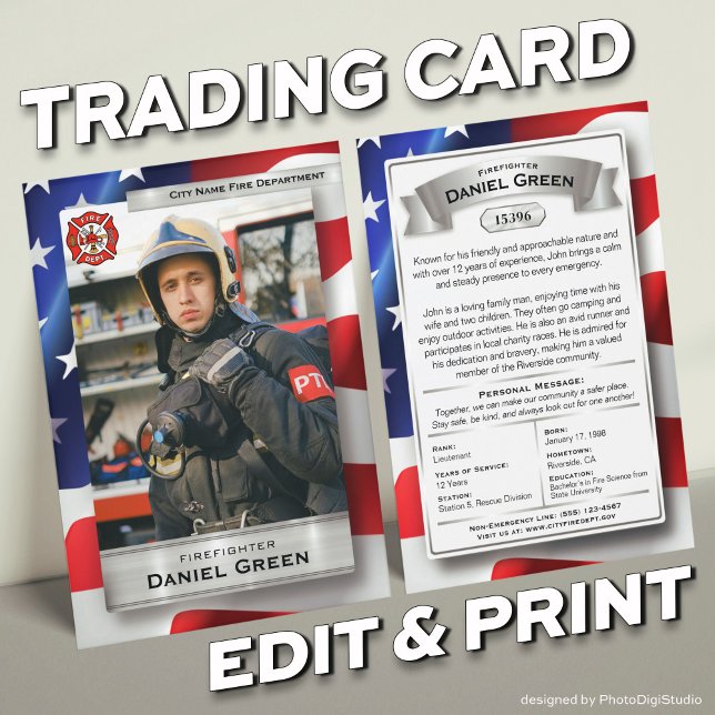 Cartes de commerce de pompiers personnalisées Tous (Custom Fireman Trading Cards with USA Flag and Silver Elements)