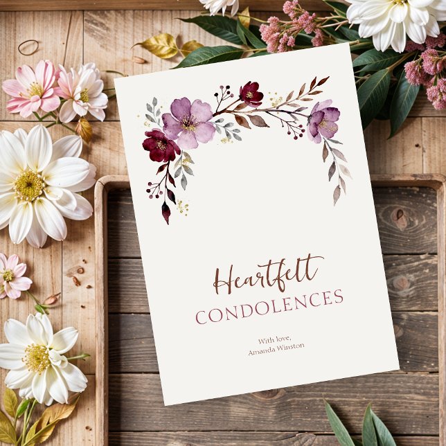 Cartes de condoléances aux tons bordeaux botanique (Elegant Botanical Burgundy Tones Branches and Flowers Sympathy Card Design.)