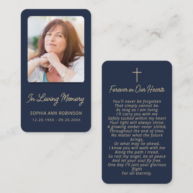 Cartes de condoléances funéraires or bleu pour la  (Devant / Derrière)