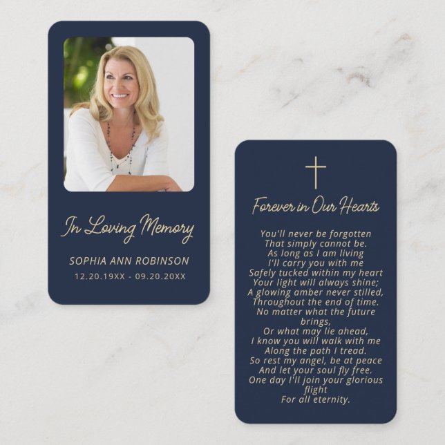 Cartes de condoléances funéraires or bleu pour pri (Devant / Derrière)