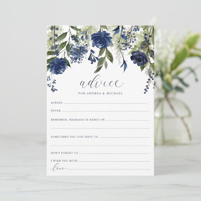 Cartes de conseils de mariage bleu marine à fleurs (Debout devant)