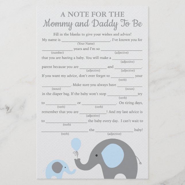 Cartes de conseils pour Baby Shower Thème Éléphant (Devant)