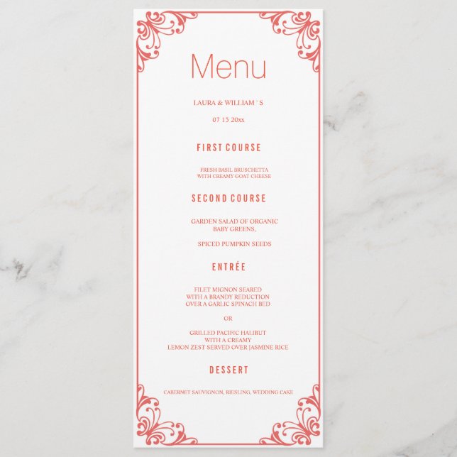 Cartes de corail de menu de dîner de mariage de (Devant)