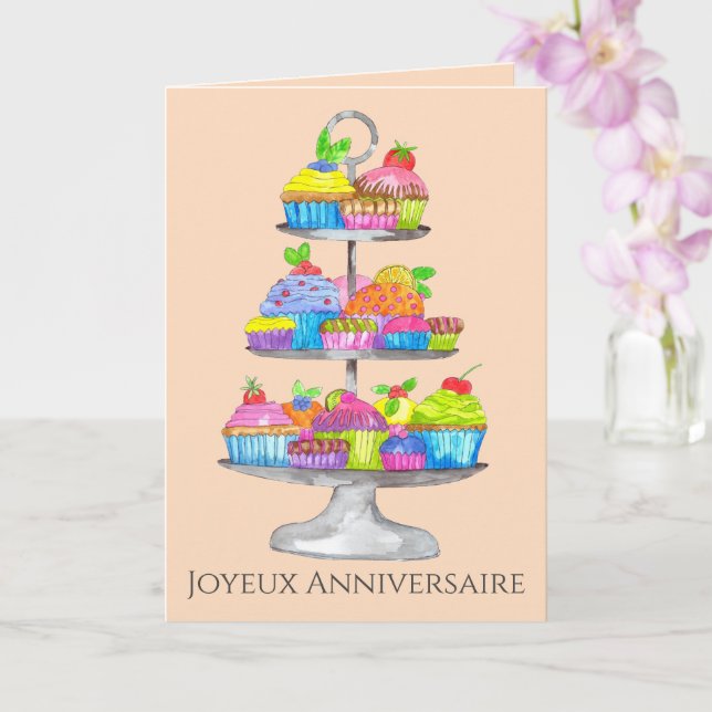 Cartes de cupcakes aquarelle pour anniversaire fra (Orchidée)