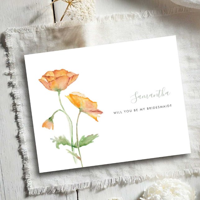 Cartes de Demoiselles d'Honneur à l'Aquarelle avec (Bridesmaid proposal cards watercolor orange poppy flowers by Victoria Grigaliunas)