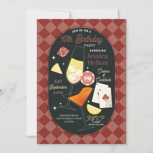 Cartes de dés d'anniversaire de cocktails de casin (Devant)