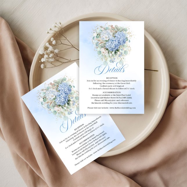 Cartes de détails de mariage en or avec hydrangeas (Soft Blue Hydrangeas Gold Wedding Details Card)