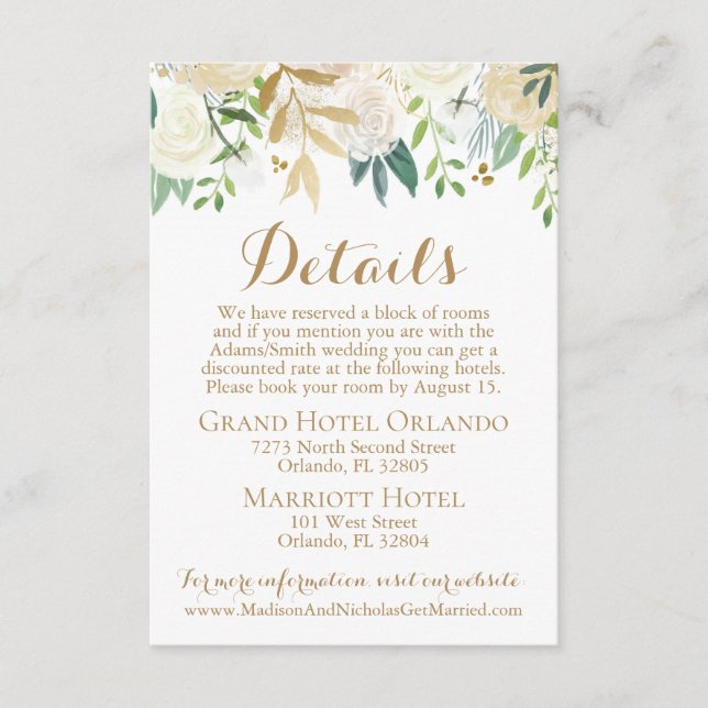 Cartes de détails de mariage Fleur Or et Blanc Ins (Devant)