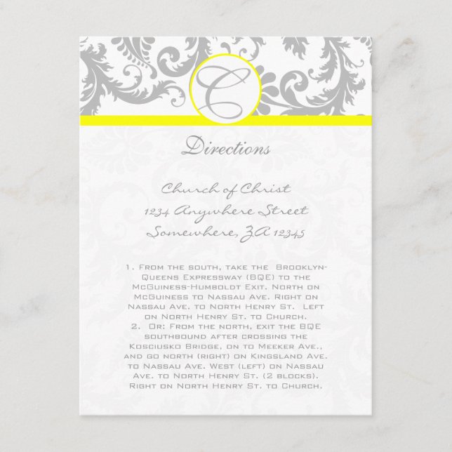 Cartes de direction de Mariage jaune Gris Damas (Devant)