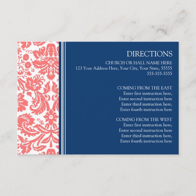 Cartes de direction mariage Coral Blue Damask (Devant)