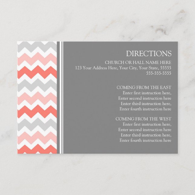 Cartes de direction mariage Coral Grey Chevron (Devant)
