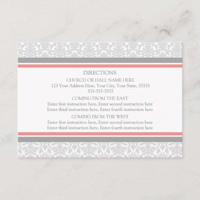 Cartes de direction mariage Coral Grey Damask (Devant)