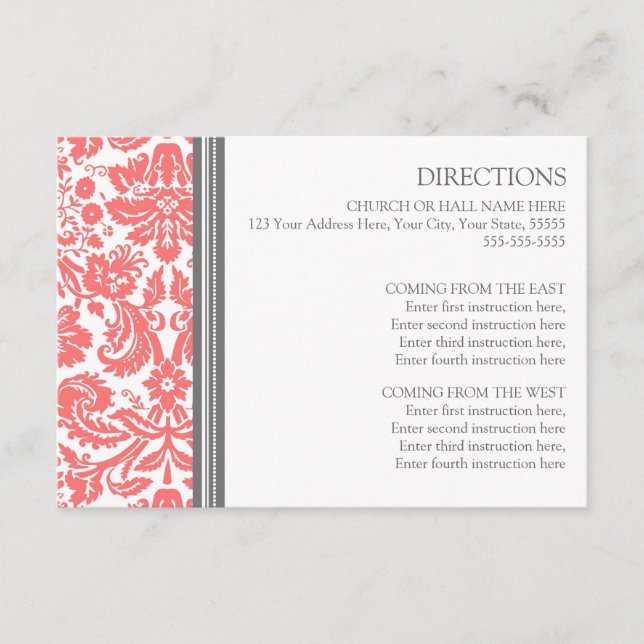 Cartes de direction mariage Coral Grey Damask (Devant)