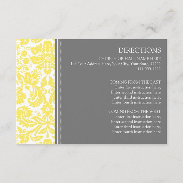 Cartes de direction mariage Lemon Grey Damask (Devant)