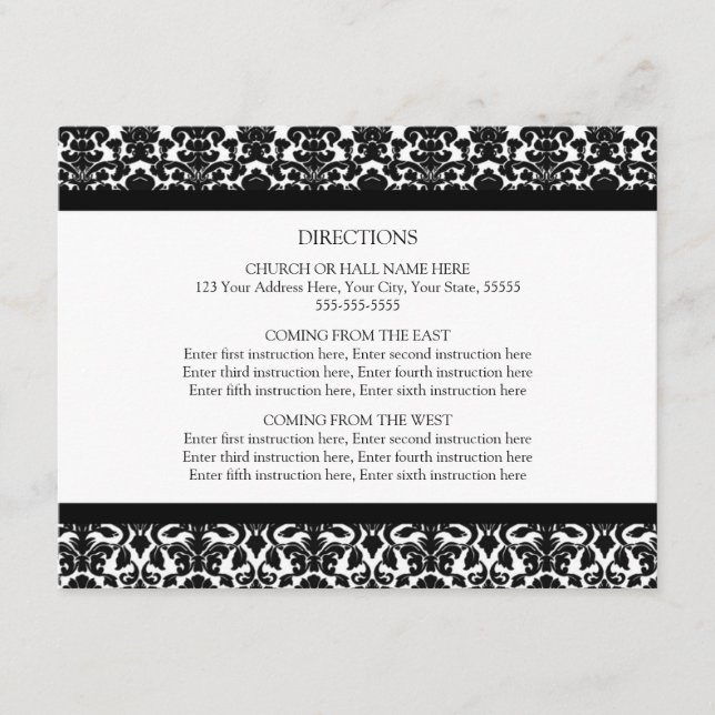 Cartes de direction mariage noir et blanc Damas (Devant)