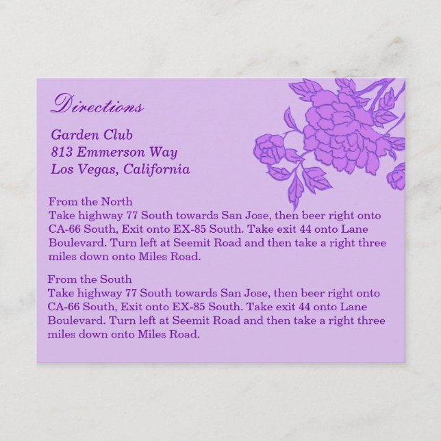 Cartes de direction personnalisées à fleurs violet (Devant)