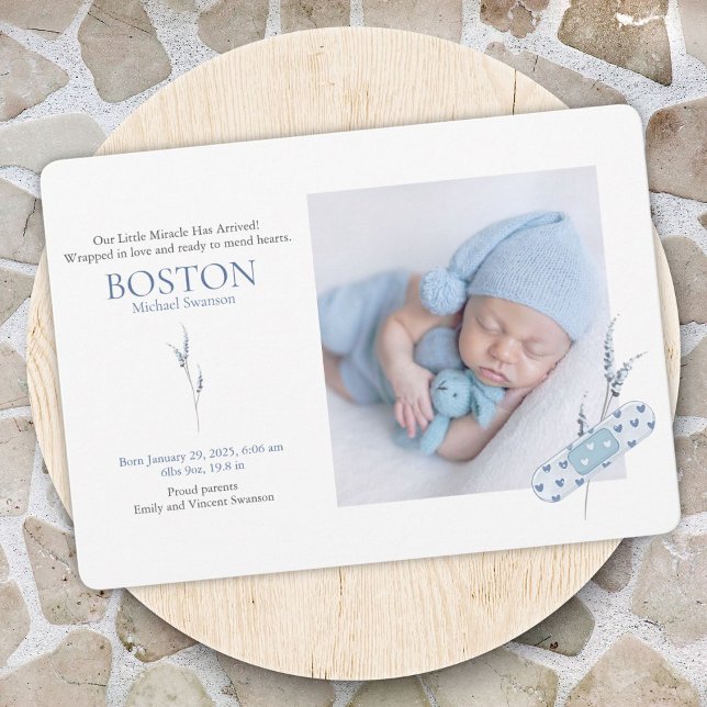 Cartes de Faire-part Bébé Bleu Coeurs (Blue band-Aid themed baby announcement with photo slots, details, and a heartfelt message.)
