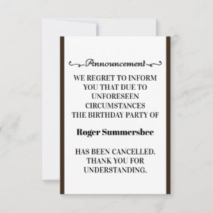 Cartes de Faire-part d'annulation de fête d'annive