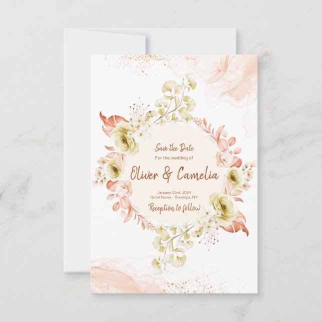 Cartes de Faire-Part de Mariage Fleuries Rose Pâle (Devant)