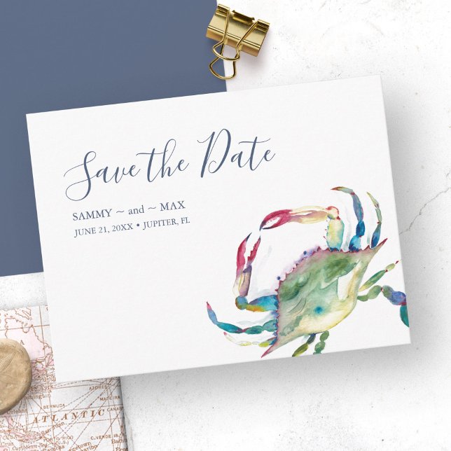 Cartes de Faire-Part de Mariage sans Photo (Destination wedding save the date invitations feature a watercolor blue crab by Victoria Grigaliunas)