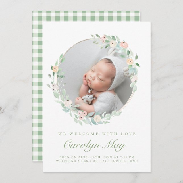 Cartes de Faire-part de naissance photo Pink Green (Devant / Derrière)