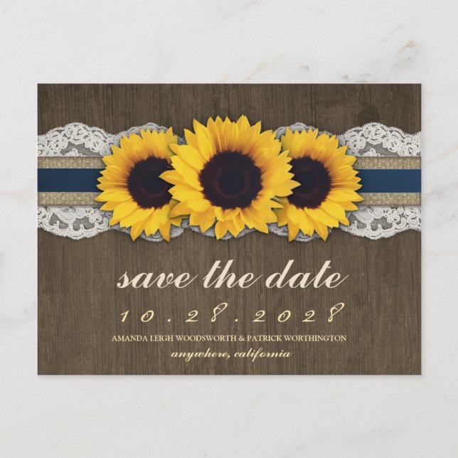Cartes de faire-part Sunflower Rustic Blue Burlap (Devant)