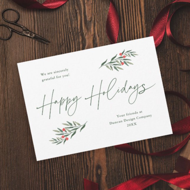 Cartes de fêtes professionnelles Simples Feuilles  (A simple script greenery leaves green and red business holiday magnetic card.)