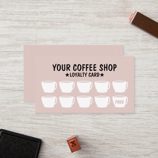 Cartes de fidélité au café rose pâle (Devant/Arrière en situation)