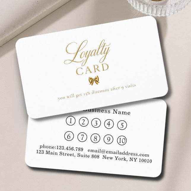 Cartes de fidélité élégantes avec ruban doré blanc (Elegant Bow Gold White 10 Loyalty Card)