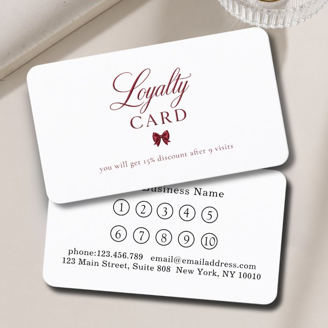 Cartes de Fidélité Élégantes Rouge Blanc 10 (Elegant Bow Red White 10 Loyalty Cards)