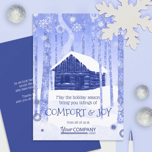 Cartes de fin de année d'entreprise Cabine Blue Lo (blue company Christmas greeting cards for clients & employees, blue business logo holiday cards)