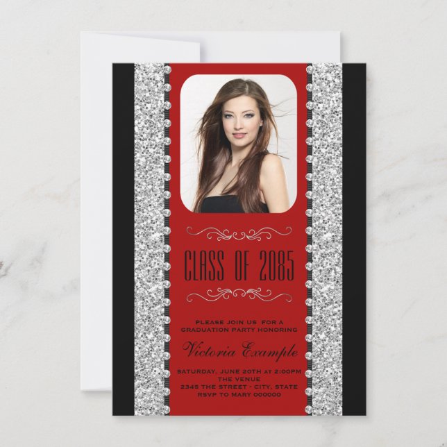 Cartes de fin d'études avec paillettes rouges et n (Devant)