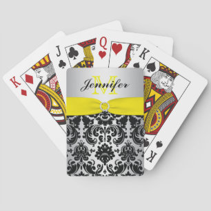 Cartes de jeu argentées noires jaunes de damassé