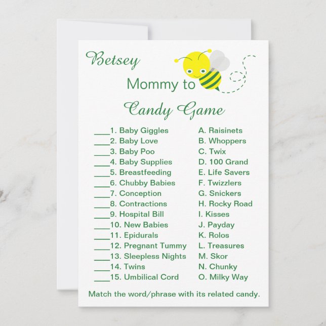 Cartes de jeu de candy pour Baby Shower amusantes (Devant)