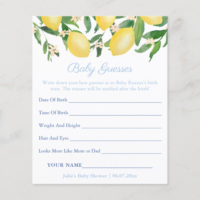 Cartes de jeu de prédictions pour bébé aux citrons (Devant)